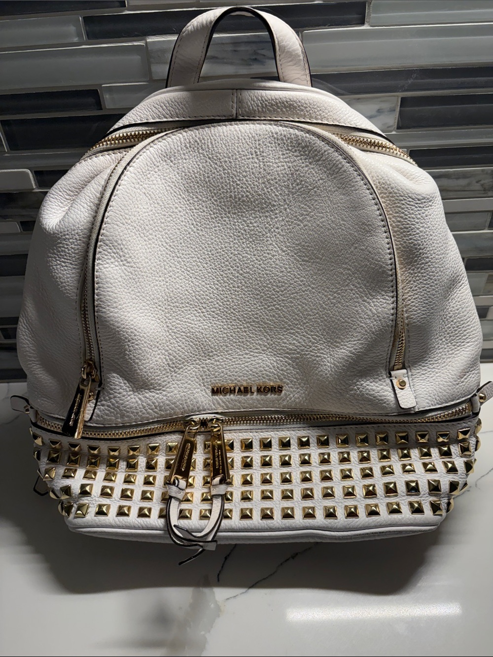 Michael Kors White Leather Studded Backpack with Gold Hardware